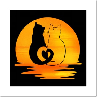 sunset with cat love-cuute cat-Cat T-Shirt Cats Cat Gift Yin Yang Cats Shirt - Cat Mom Lover Gifts Posters and Art
